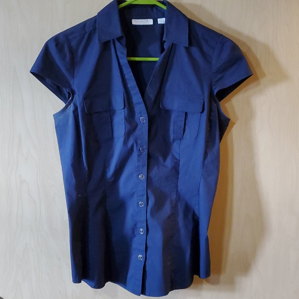 Fitted Navy Cap Sleeve Button Down Shirt